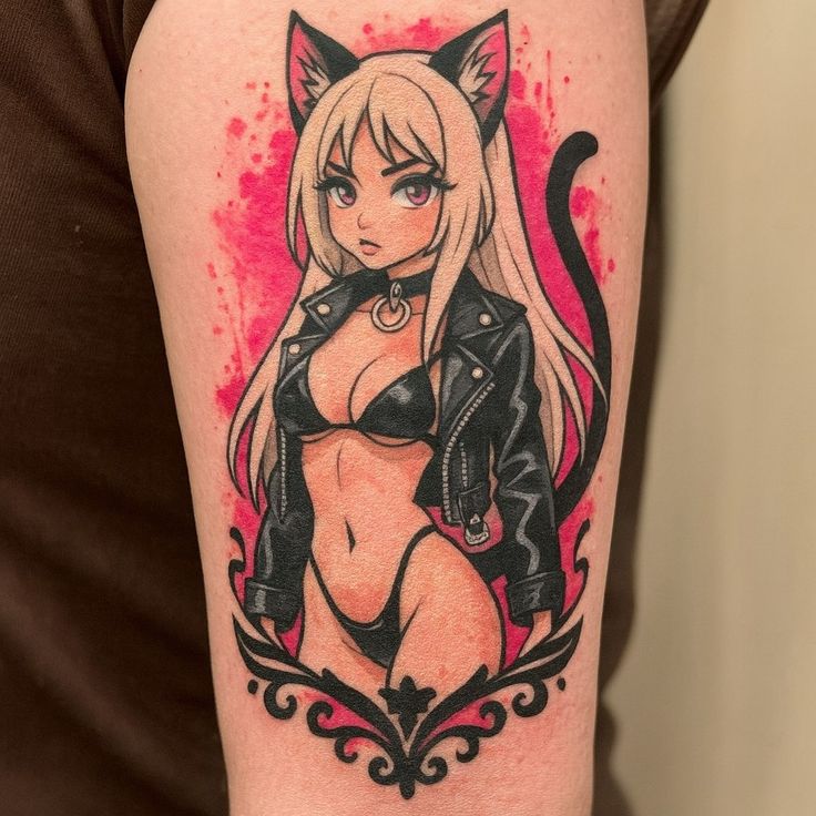 anime tattoo leg 3 Arm tattoo of an anime catgirl in a black bikini and leather jacket with cat ears and tail, pink watercolor background | Sky Rye Design Arm tattoo of an anime catgirl in a black bikini and leather jacket with cat ears and tail, pink watercolor background