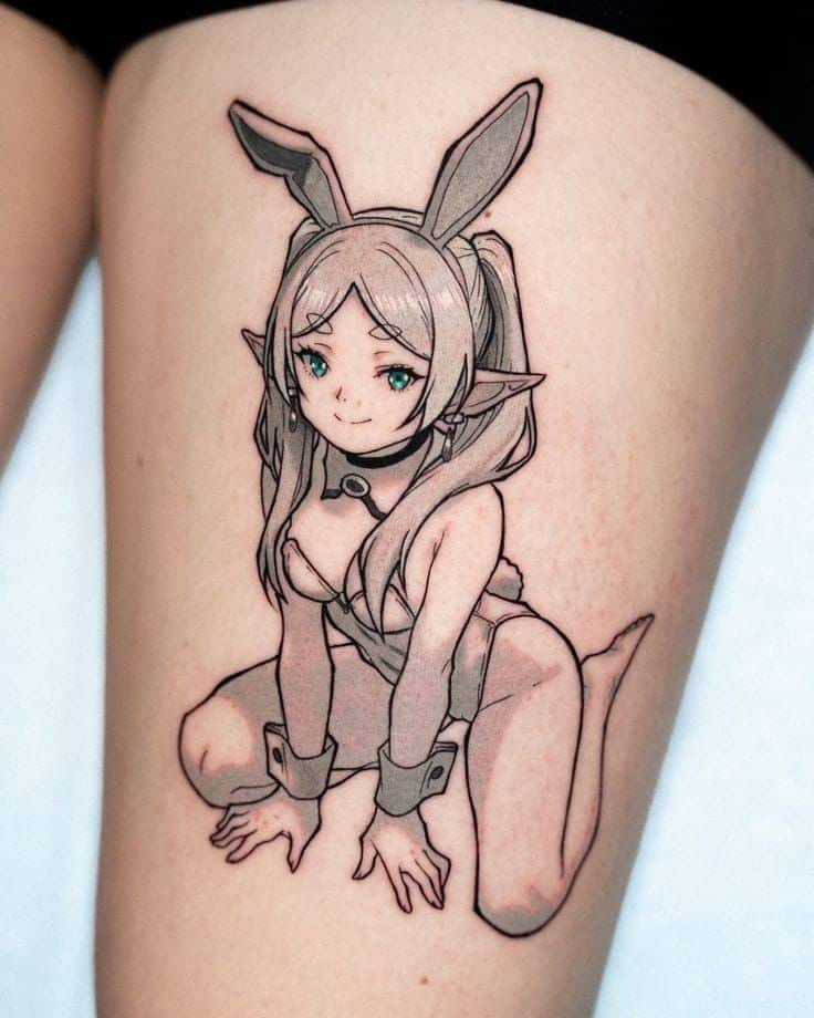 anime tattoo leg Anime bunny-girl thigh tattoo featuring delicate black linework, soft gray and pink shading, teal eyes, bunny ears and cuff accessories. | Sky Rye Design Anime bunny-girl thigh tattoo featuring delicate black linework, soft gray and pink shading, teal eyes, bunny ears and cuff accessories.