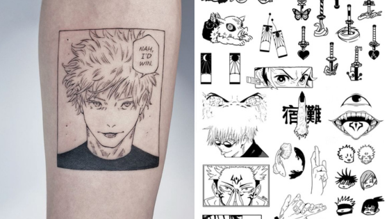 Anime tattoo design featuring character sketch and manga-themed illustrations.