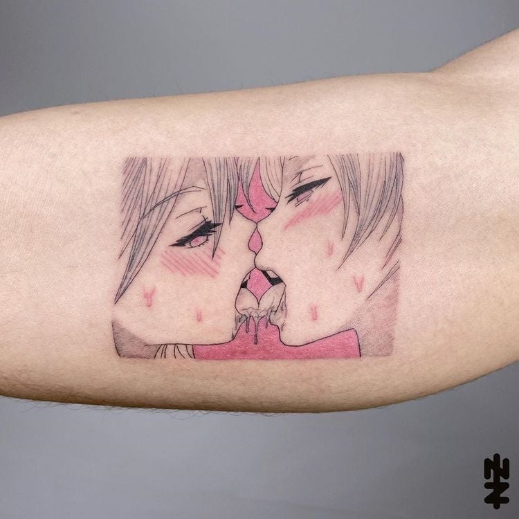 b5a081bbacd6101847a0c6428bea197c Anime tattoo of two faces sharing an intimate, drooling kiss in pink hues on a forearm, delicate linework and blush details | Sky Rye Design Anime tattoo of two faces sharing an intimate, drooling kiss in pink hues on a forearm, delicate linework and blush details