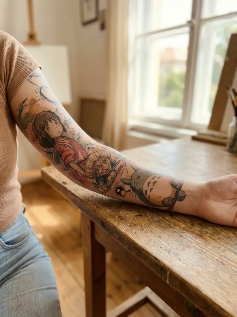 b8cd082fa5004473a420c32f0428361a Colorful Studio Ghibli sleeve tattoo on forearm featuring Chihiro, Yubaba and Totoro in watercolor style on wooden table in sunlit studio | Sky Rye Design Colorful Studio Ghibli sleeve tattoo on forearm featuring Chihiro, Yubaba and Totoro in watercolor style on wooden table in sunlit studio