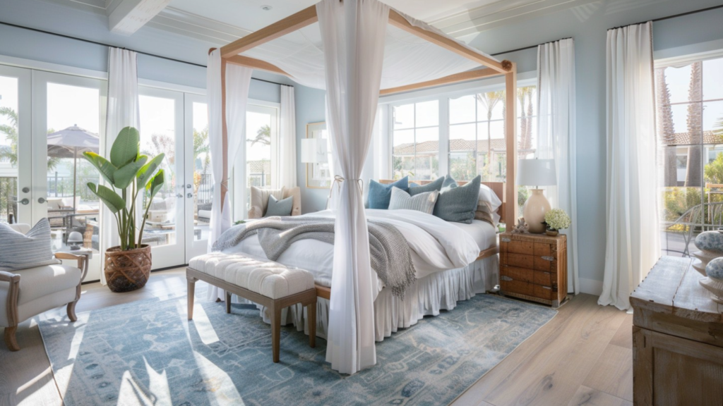 Luxury bedroom interior with four-poster bed, large windows, and cozy decor in soft blue tones.