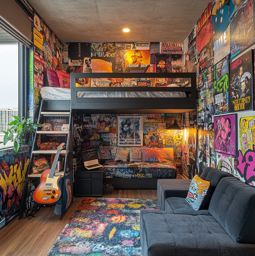 Vibrant music-themed loft bedroom with graffiti walls, cozy seating, and guitar decor.