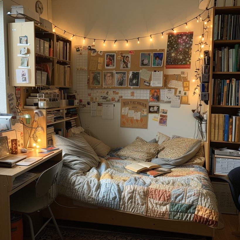 Cozy study room with a quilted bed, bookshelves, desk, and string lights for a warm, inviting atmosphere.