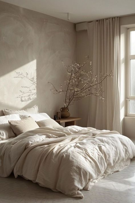 Minimalist bedroom with neutral bedding, soft lighting, and a decorative vase with branches. Cozy and serene interior design.