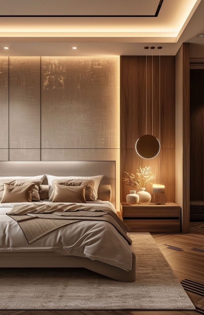 Modern bedroom with warm lighting, neutral tones, and stylish decor. Cozy ambiance and contemporary design elements.