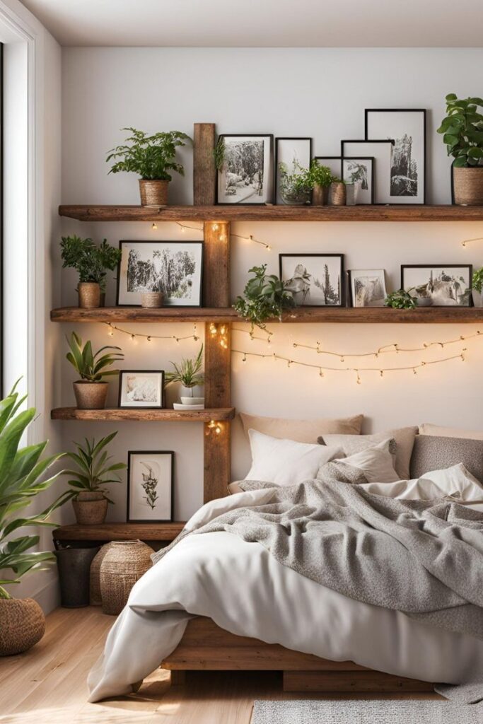 Cozy bedroom with wood shelves, plants, framed art, and string lights above a comfy bed with neutral blankets.