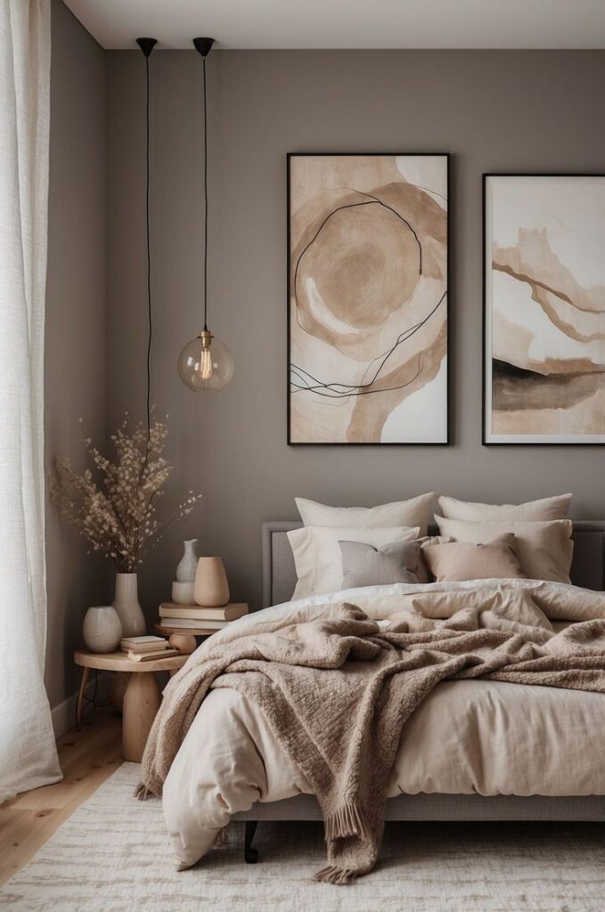 Cozy bedroom with neutral tones, abstract wall art, and soft lighting, creating a warm and inviting atmosphere.