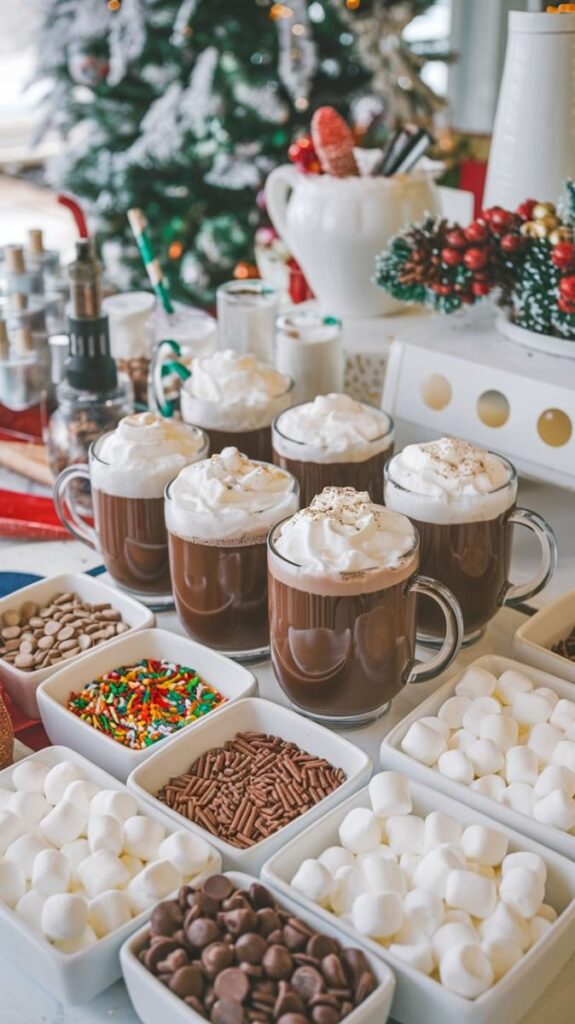 Hot chocolate bar with whipped cream, toppings, and Christmas decor for a festive winter treat.