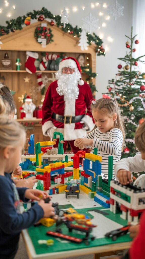 Children building with blocks as Santa watches in a festive, decorated room with Christmas tree and lights.