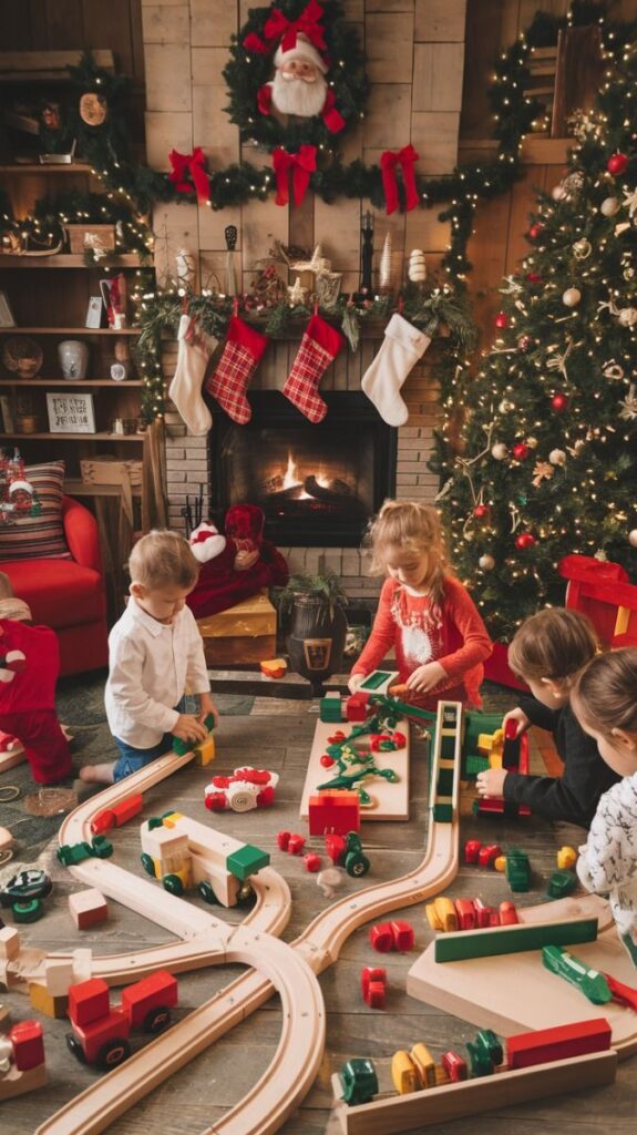 Children playing with toy trains by a festive Christmas fireplace setting.