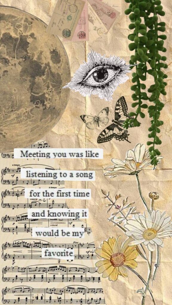 Vintage aesthetic collage with moon, eye, butterflies, daisies, sheet music, and text: Meeting you was like a favorite song.