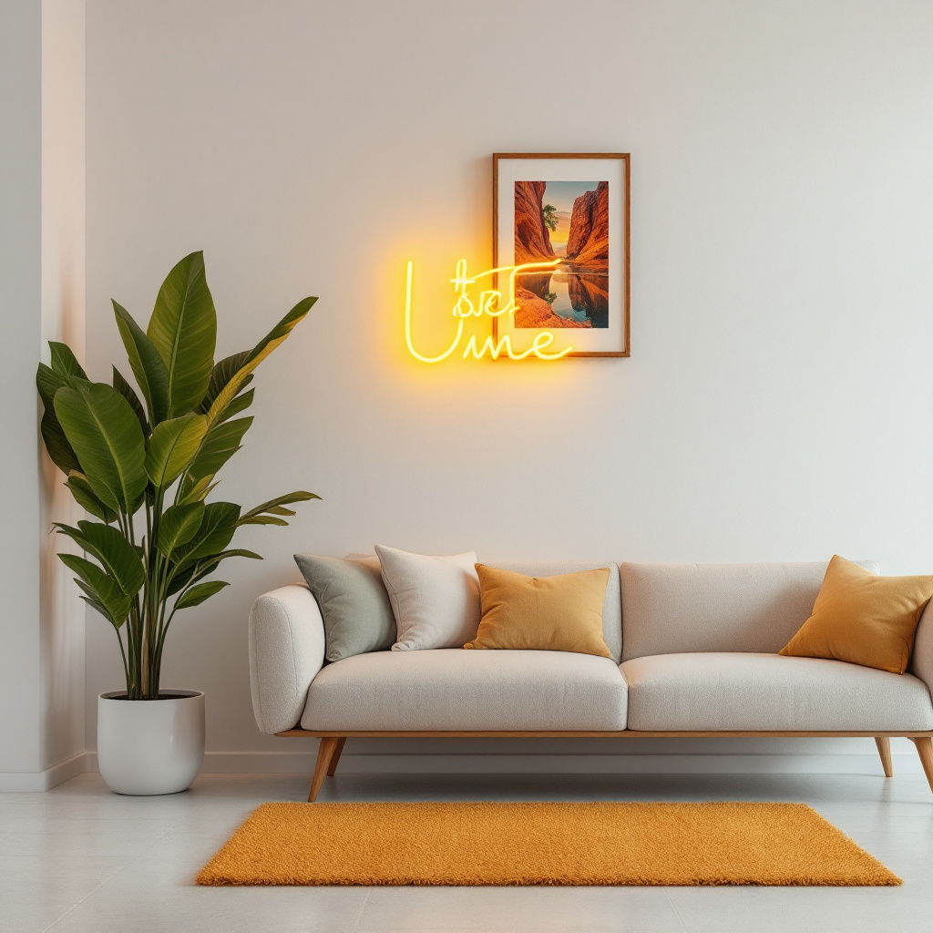 Modern living room with neon sign, white sofa, yellow accents, and green plant. Cozy interior design.