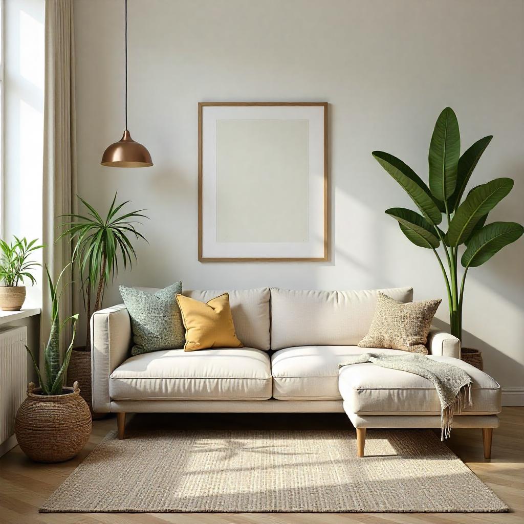 Modern living room with beige sofa, green pillows, indoor plants, and minimalist decor. Cozy atmosphere with natural light.