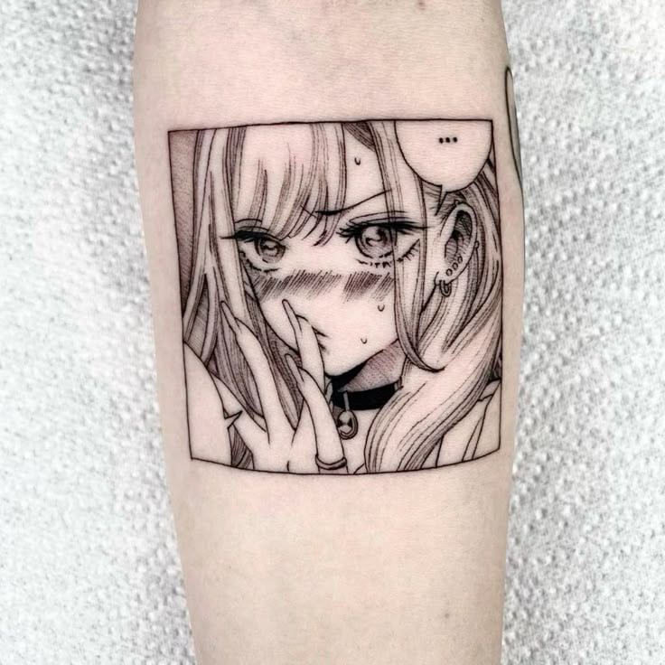 e120a136ae10b3f2321baa82d88ebab2 Black ink manga-style anime girl tattoo with blushing face, sweat drops and choker, detailed linework framed as comic panel on forearm. | Sky Rye Design Black ink manga-style anime girl tattoo with blushing face, sweat drops and choker, detailed linework framed as comic panel on forearm.