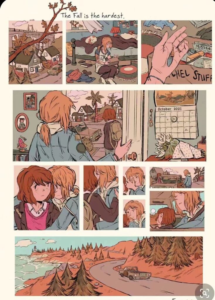 Comic strip showing a girl's emotional journey in autumn, featuring nostalgic scenes and a road trip.