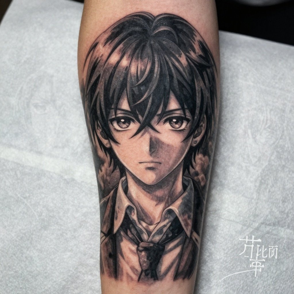Color Realism vs Black Gray - anime tattoo Black-and-gray anime male portrait tattoo on forearm with realistic shading, school uniform and tie, intricate Japanese-style ink detail | Sky Rye Design Black-and-gray anime male portrait tattoo on forearm with realistic shading, school uniform and tie, intricate Japanese-style ink detail