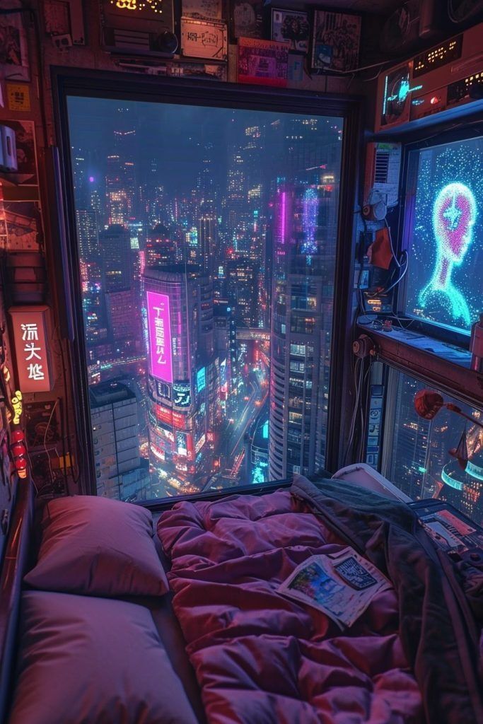 Futuristic cityscape view from cozy bedroom window at night, featuring glowing neon lights and skyscrapers.