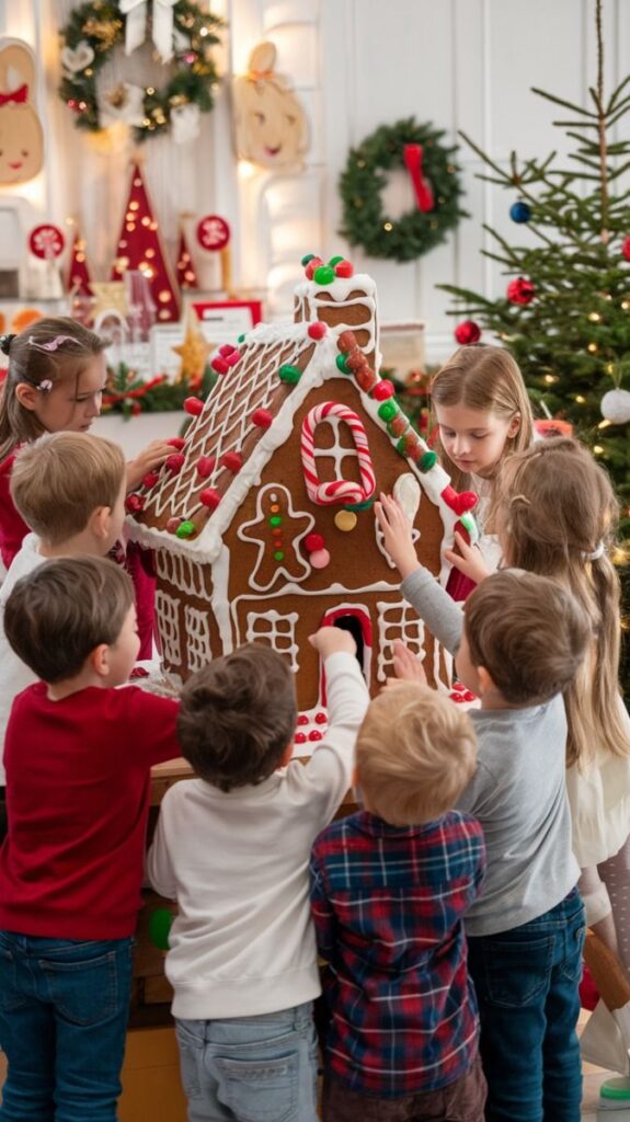 Children decorating a large gingerbread house during a festive Christmas gathering, surrounded by holiday decor.