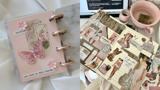 Pink aesthetic scrapbook with motivational quotes, butterfly embellishment, and fashion magazine clippings, near tea.