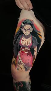 images Colorful anime-style female warrior tattoo on upper arm/bicep with kimono, sword, fierce expression and vibrant gradient background | Sky Rye Design Colorful anime-style female warrior tattoo on upper arm/bicep with kimono, sword, fierce expression and vibrant gradient background