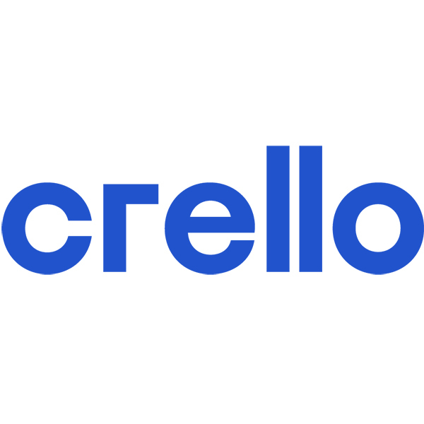 Blue Crello logo against a white background, symbolizing graphic design and creativity tools.