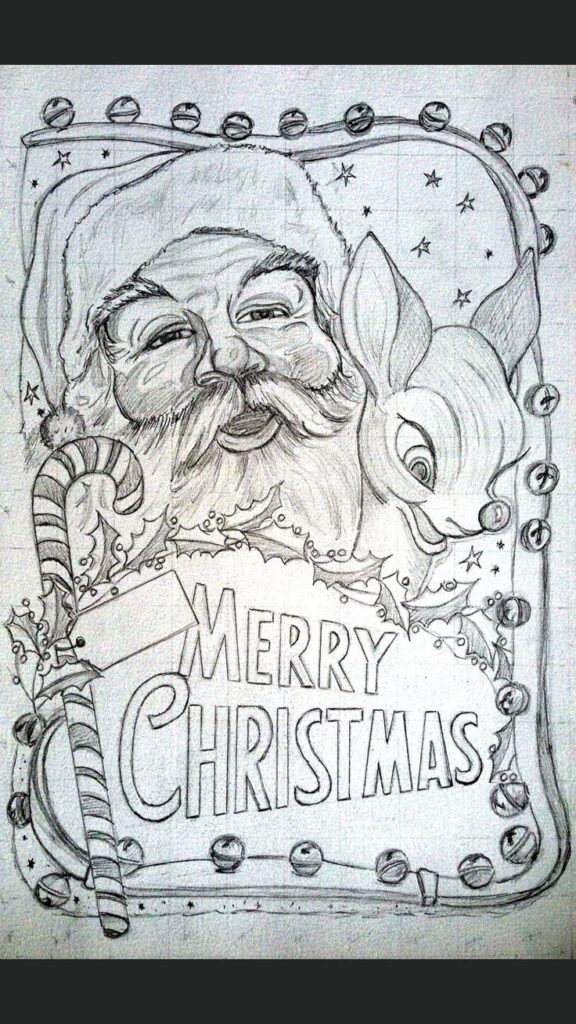 Hand-drawn Santa and reindeer with Merry Christmas greeting, surrounded by stars and candy cane.