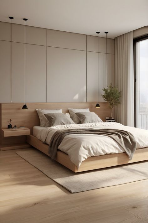 Modern minimalist bedroom with wooden bed, cozy linens, and natural light streaming through large window.