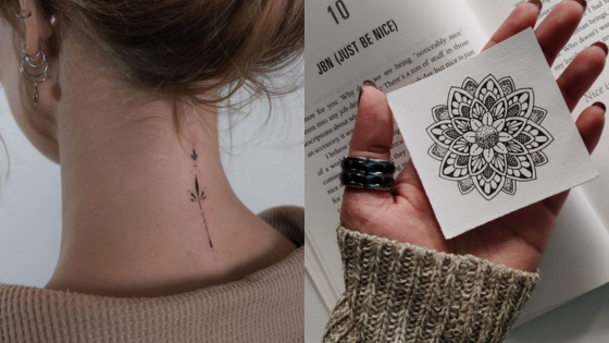 Minimalist neck tattoo and hand holding intricate mandala art on paper.