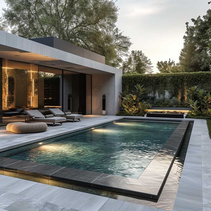 Modern luxury pool with sleek patio and lounge chairs, surrounded by lush greenery at sunset.