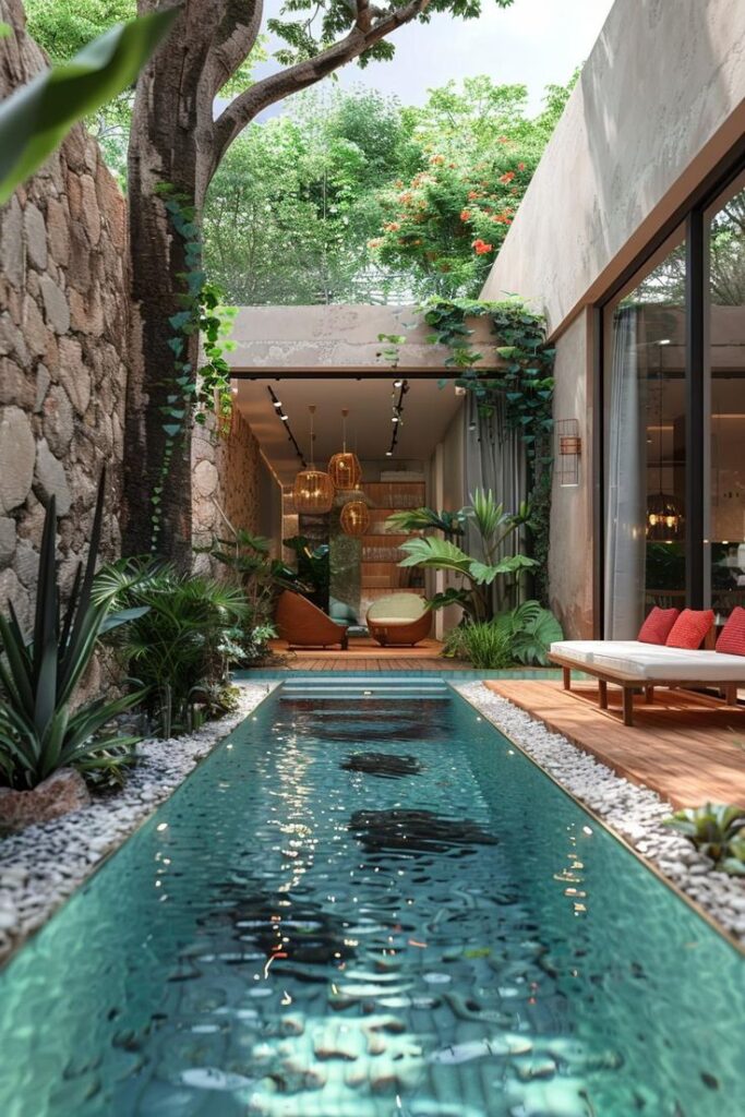 Modern courtyard design with serene pool, lush greenery, natural stone walls, and cozy indoor-outdoor seating.