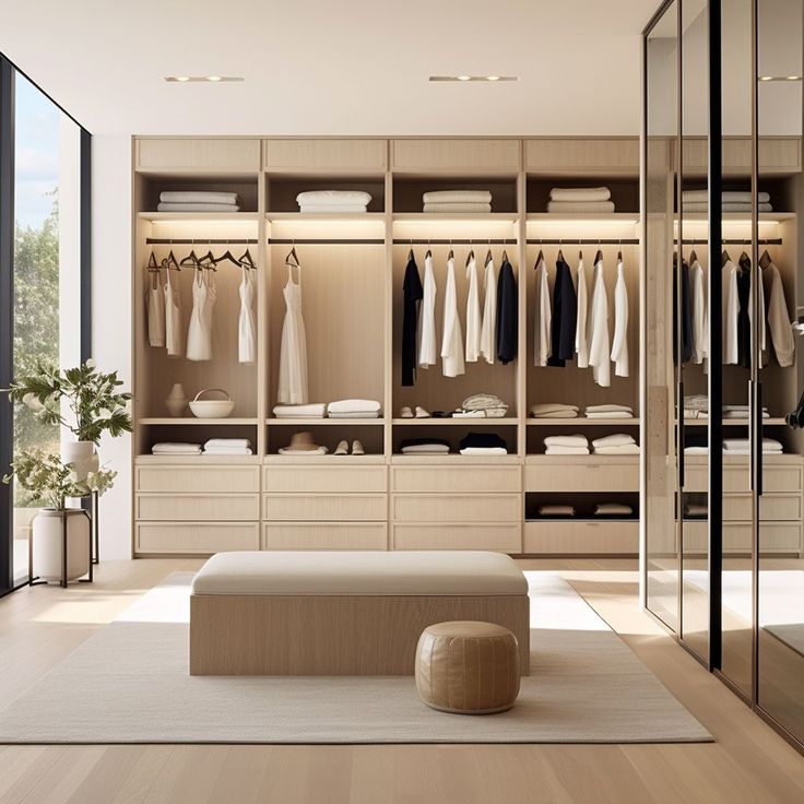 Modern walk-in closet with neatly organized clothing, wooden shelves, natural light, and minimalist design.