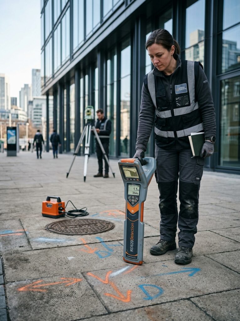 Technician_operating_electromagn_202608181730 Field technician in a reflective vest using a ground-penetrating radar device on a city sidewalk with chalk utility markings nearby. | Sky Rye Design Utility worker using cable locator on city sidewalk near manhole with spray-painted utility markings