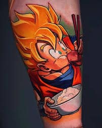 troyslackink 1 Colorful forearm tattoo of Goku-style Super Saiyan eating rice with chopsticks — vibrant Dragon Ball–inspired anime design | Sky Rye Design Colorful forearm tattoo of Goku-style Super Saiyan eating rice with chopsticks — vibrant Dragon Ball–inspired anime design