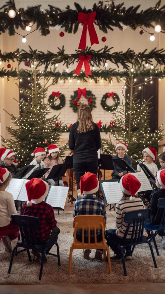 Children's choir in Santa hats performing a Christmas concert with holiday decorations and conductor.