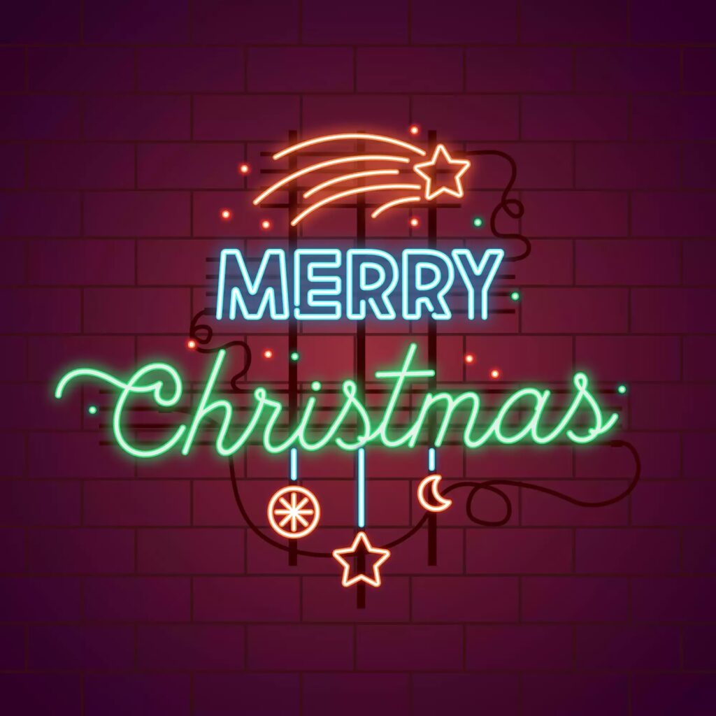 Neon Merry Christmas sign with shooting star and festive icons on brick wall background.