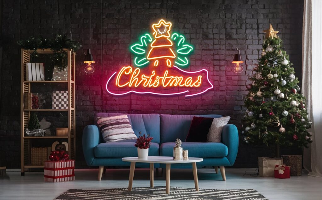 Cozy Christmas living room with neon sign, decorated tree, and modern blue sofa. Festive holiday decor.