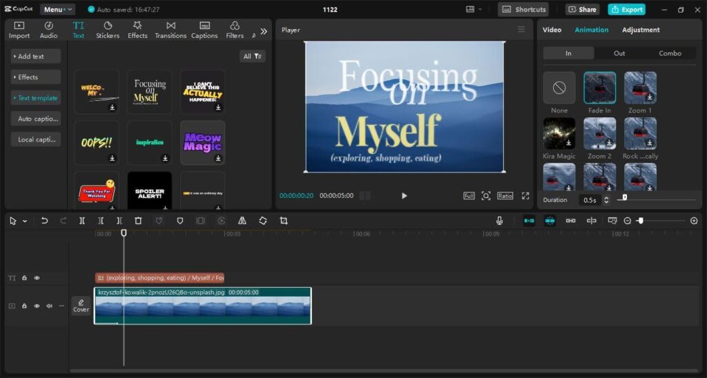 Video editing software interface showing a project titled Focusing on Myself.