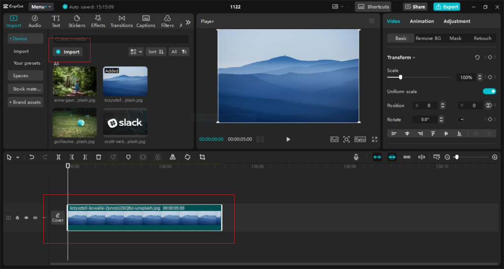 CapCut video editing screen displaying a serene blue mountain landscape image.