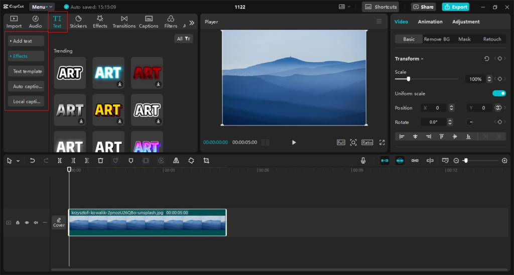 Video editing interface with mountain image in CapCut, showcasing various text and effect options.