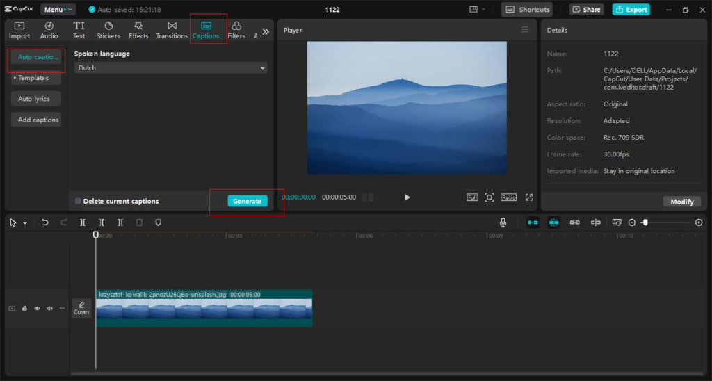 CapCut video editing interface with blue mountain scene preview.