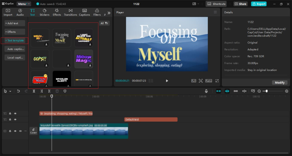 Video editing software interface showcasing text template selection and preview screen.