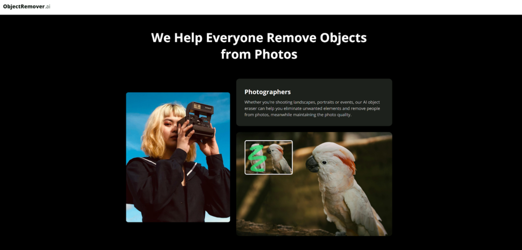 AI tool for removing objects from photos, featuring a photographer with a camera and an edited parrot image.