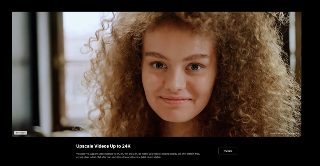 Close-up of a person with curly hair and a soft smile, promoting video upscaling technology up to 24K resolution.