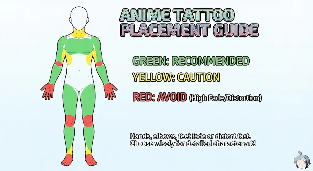 unnamed 8 Anime tattoo placement guide diagram: green recommended areas (chest, arms, thighs), yellow caution zones, red avoid spots (hands, elbows, feet). | Sky Rye Design Anime tattoo placement guide diagram: green recommended areas (chest, arms, thighs), yellow caution zones, red avoid spots (hands, elbows, feet).