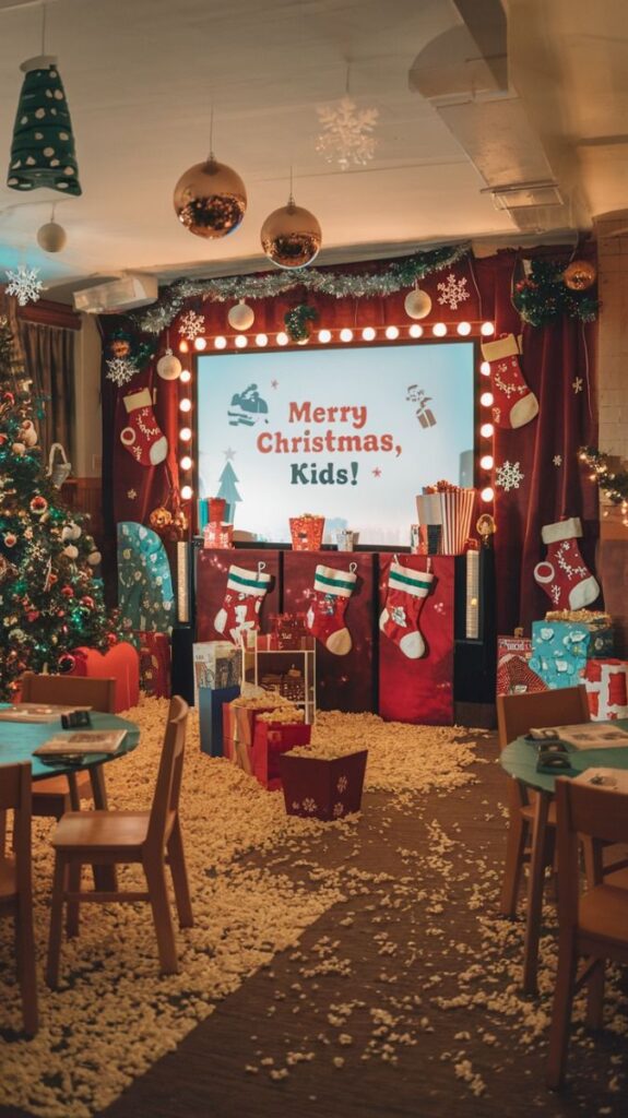 Festive Christmas kids' room with tree, stockings, and Merry Christmas, Kids! sign amid decorations and gifts.