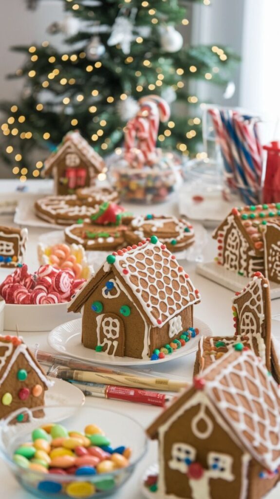 Festive gingerbread houses and candy on table with Christmas tree and lights in the background.