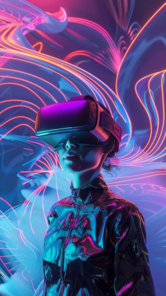 Person wearing a VR headset, immersed in a neon-lit virtual reality experience with vibrant abstract background.