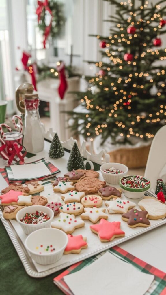 Festive Christmas cookies on a decorated table with a lit Christmas tree in the background.