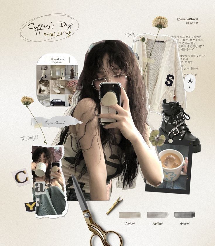 Collage with woman taking a mirror selfie, fashion items, coffee cup, and vintage aesthetic elements.